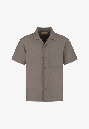 Short-sleeve button-up shirt in muted brown with a chest pocket and a spread collar, displayed front-facing on a white background.