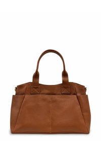 Sac fourre-tout en cuir marron avec deux poignées solides, forme rectangulaire, surface texturée et poches latérales. Présente des accents de couture décorative.