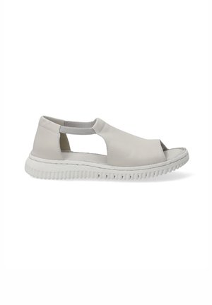 Light gray leather slides with an open toe and side cutouts, featuring a textured rubber sole and elastic accents for a secure fit.
