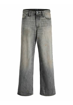 Široke traperice u izblijedjelom sivoj denim tkanini s blago ombre učinkom. Imaju prednje džepove i vidljive detalje šivanja. Prisutni su suptilni tragovi nošenja.