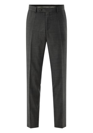 Dark gray tailored men's dress trousers with belt loops, front button closure, and subtle check pattern.