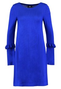 Abito blu con maniche lunghe e polsini arricciati. Tessuto morbido, scollatura tonda, design di lunghezza intermedia. Nessun motivo visibile o accessori.