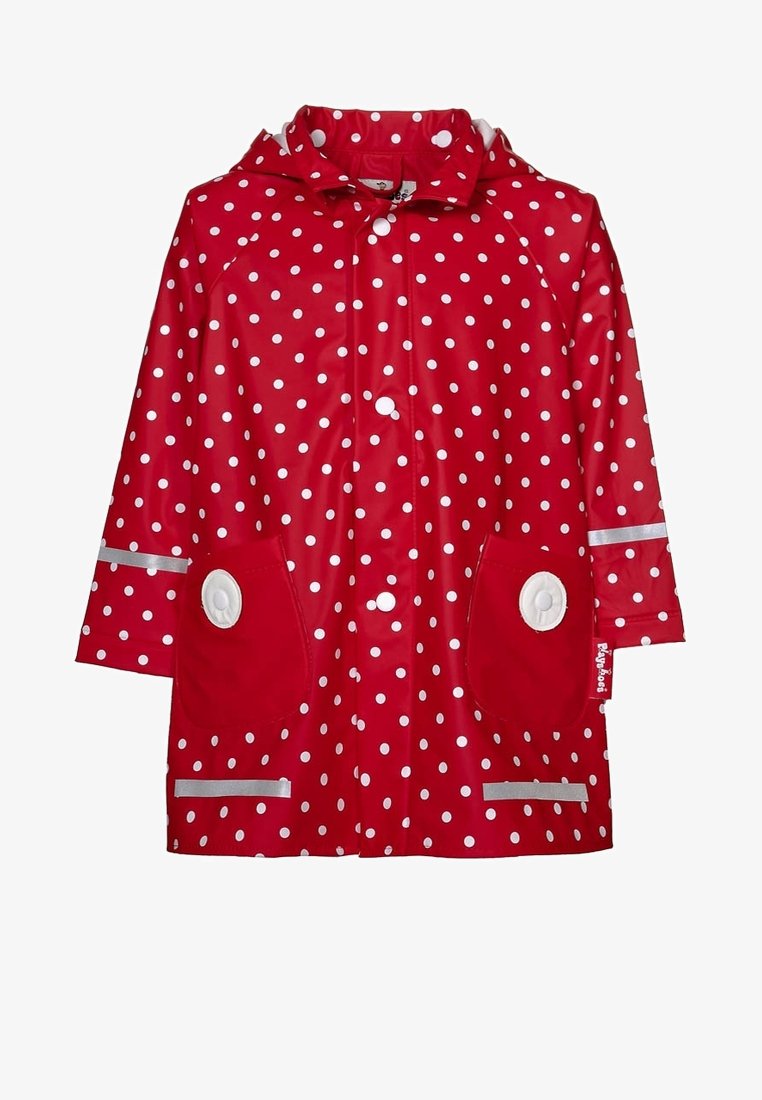 Imperméable rouge pour enfants avec des pois blancs, deux poches avant avec des détails circulaires blancs et des bandes réfléchissantes sur les manches et l'ourlet.