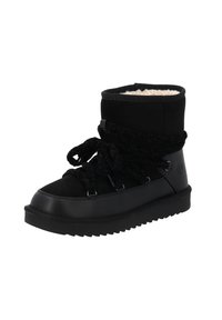 Stivale invernale nero con una morbida fodera interna, suola in gomma spessa e lacci robusti. Parte superiore realizzata in materiale resistente con una finitura texture.