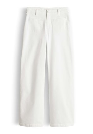 White high-waisted wide-leg jeans with front button, zipper, belt loops, and two front pockets on a white background.