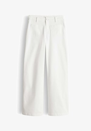 White high-waisted wide-leg jeans with front button, zipper, belt loops, and two front pockets on a white background.