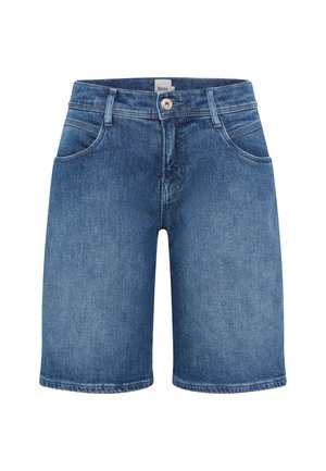 Shorts en denim bleu moyen, présentant un design classique avec cinq poches, une coupe droite et une fermeture à bouton à la taille.