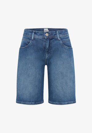 Jeansshorts in mittlerem Blau, mit einem klassischen Design, fünf Taschen, geradem Schnitt und einem Knopfverschluss an der Taille.