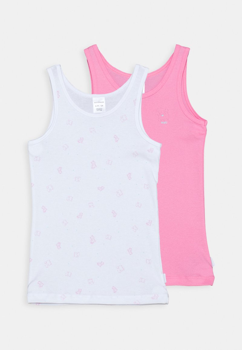 Deux débardeurs : l'un blanc avec un imprimé ours rose, l'autre rose uni. Les deux sont en coton doux avec des bretelles larges et une coupe confortable.