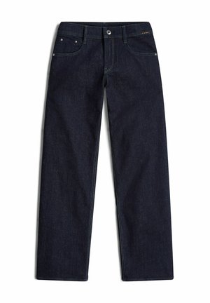 Jean en denim bleu foncé avec une coupe droite, design à cinq poches, coutures visibles et fermeture à bouton métallique au niveau de la taille.