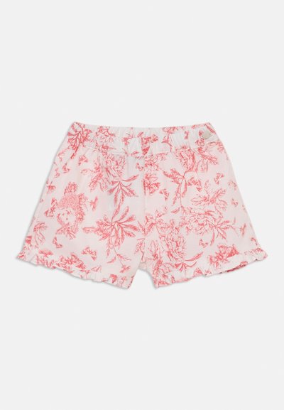 Blommiga shorts i lätt tyg, med ett mönster i rosa och vitt, elastisk midja och detaljer med volanger i nederkant.