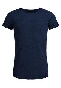 Navy blue short-sleeve t-shirt made of soft, textured fabric. Features a round neckline and a slightly extended back hem for added coverage.