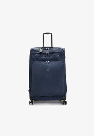 Marineblå kuffert på hjul med blød tekstur, flere lynlåslommer og et udtrækkeligt håndtag. Har et logoemblem på forsiden.