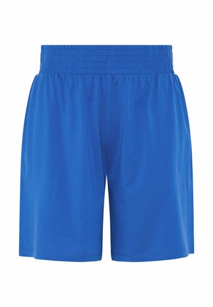 Siniset urheilushortsit, joissa on leveä elastinen vyötärönauha ja löysä istuvuus, suunniteltu mukavuutta ja rentoa käyttöä varten.