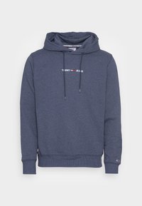 Hoodie en coton bleu marine avec une capuche à cordon de serrage, des poignets et un ourlet côtelés. Présente un texte blanc "TOMMY JEANS" avec des accents rouges et blancs.