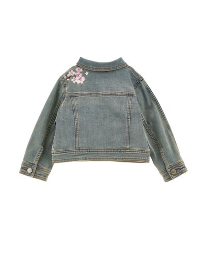 Giacca di denim, blu chiaro, con maniche lunghe e fiori rosa ricamati sulla parte superiore della schiena. Presenta polsini con bottoni e tasche laterali.