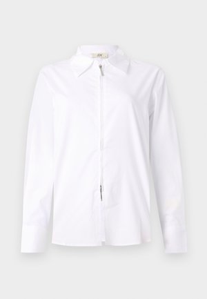 White long-sleeve shirt with a collared neck and front zipper. Made of smooth fabric with a fitted shape and buttoned cuff details.