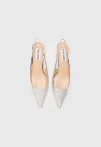Talons slingback à bout pointu en matériau argenté brillant avec une finition lisse et des semelles intérieures beiges. Présente un design minimaliste et une forme élégante.