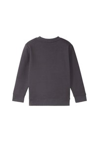 Donkergrijze sweatshirt met lange mouwen, een ronde halslijn en geribbelde boorden en onderrand. Gladde textuur zonder zichtbare patronen of versieringen.