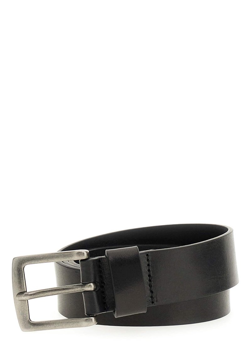 Ceinture en cuir noir avec une boucle rectangulaire en argent, texture lisse et une boucle de maintien cousue. Design simple avec un profil plat.