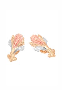 Gold- und silberfarbene Clip-Ohrringe mit floralen Motiven, die geschwungene Linien und einen polierten Finish aufweisen. Akzente bilden zarte Details in Rosa.