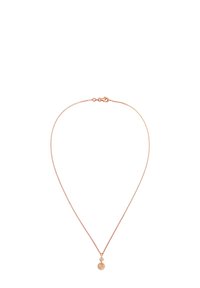 Rose gold halskæde med en tynd kæde, der har en lille cirkulær charm og en struktureret detalje på pendanten.