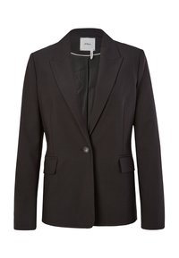 Blazer noir en tissu texturé, avec un col cranté, une fermeture à un bouton et deux poches avant.