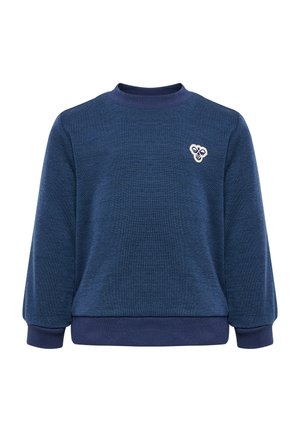 Marineblauwe sweatshirt met een gestructureerd ontwerp, lange mouwen en een ronde halslijn. Voorzien van een klein wit logo op de linkerkant van de borst.