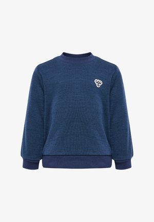 Dunkelblauer Sweatshirt mit strukturiertem Design, langen Ärmeln und rundem Ausschnitt. Besitzt ein kleines weißes Logo auf der linken Brust.