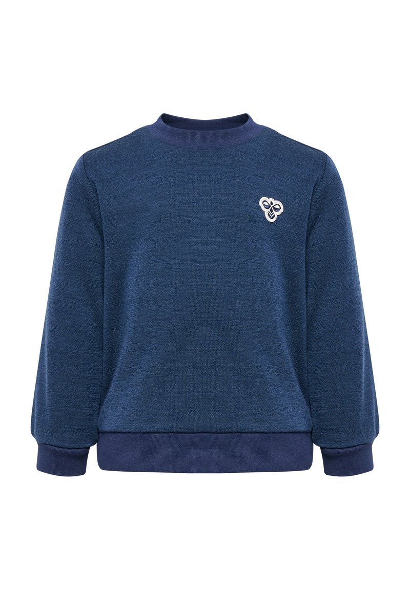 Mörkblå sweatshirt med en strukturerad design, långa ärmar och rund halsringning. Har en liten vit logotyp på vänster bröst.