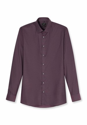 Langärmliges Herrenhemd in texturiertem Dunkelpflaume mit durchgehendem Knopfleistenverschluss und klassischem Kragen.