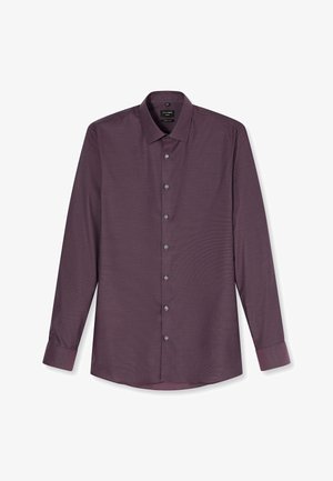Langärmliges Herrenhemd in texturiertem Dunkelpflaume mit durchgehendem Knopfleistenverschluss und klassischem Kragen.