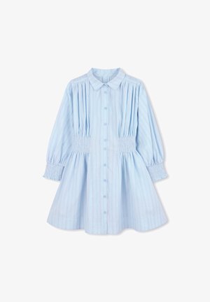 Robe chemise bleu clair avec un devant boutonné, un col, de longues manches bouffantes et une taille smockée. Présente des rayures verticales subtiles.