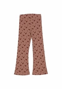 Hnědé rozšířené legíny s měkkou, elastickou texturou, které mají posetý potisk bobulí v tmavě červených odstínech.