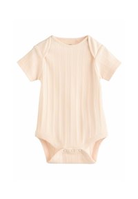 Baby-Bodysuit mit kurzen Ärmeln aus weichem Pfirsichstoff, mit vertikaler Rippstruktur und Druckknöpfen am Boden für ein einfaches Ankleiden.