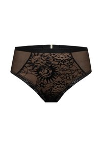 Czarne koronkowe figi z wysokim stanem z wzorem słońca i księżyca oraz siateczkowymi bocznymi panelami.