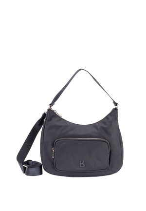 Schwarze Schultertasche mit einer vorderen Reißverschlusstasche, verstellbarem Riemen und einem kleinen, geprägten "B"-Logo auf der Tasche.