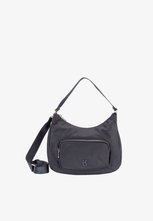 Schwarze Schultertasche mit einer vorderen Reißverschlusstasche, verstellbarem Riemen und einem kleinen, geprägten "B"-Logo auf der Tasche.