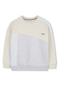 Ljust grå och beige sweatshirt med en geometrisk färgblockdesign. Ribbade detaljer på ärmarna, rundad halsringning och subtil logotyp på bröstet.