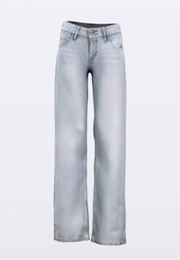 Svijetloplave traperice s širokim nogavicama, pet džepova i izblijedjeli efekt. Struk ima kopčanje na gumb i petlje za remen.