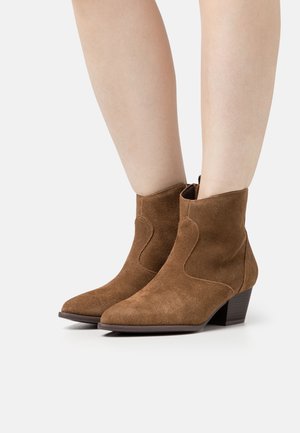 Stivaletti alla caviglia in suede marrone con punte appuntite e tacchi bassi impilati, indossati su gambe nude contro uno sfondo semplice.