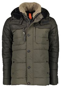 Męska pikowana zimowa kurtka w kolorze oliwkowej zieleni i ciemnej szarości, z kołnierzem wyściełanym sherpą, wieloma kieszeniami, zapięciami na guziki i suwak.