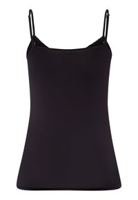 Camisole nera con spalline regolabili, bordo in pizzo lungo il collo e un design aderente e liscio. Realizzata in tessuto elasticizzato.