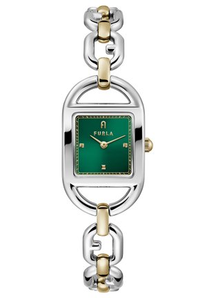 Furla watch with a green square dial, gold accents, silver chain link bracelet, and a sleek metal case with a rounded shape.