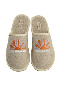 Felt slippers in beige with a soft fabric finish. Embroidered sun design in orange, purple, and yellow with the word "SONNENSCHEIN" below.
