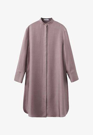 Duga lila košulja-haljina s mandarin ovratnikom, dugim rukavima i skrivenim gumbima sprijeda.