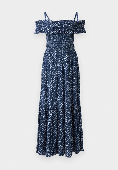 Ναυτικό μπλε μακριά φόρεμα με άσπρες πουά, με ρυθμιζόμενο ντεκολτέ χωρίς ώμους, φουσκωτό bodice και σχεδίαση με στρώματα στο φουστάνι.