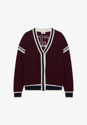 Cardigan lavorato a maglia color marrone con rifiniture bianche e blu navy, chiusura con bottoni, scollo a V e dettagli a righe sulle maniche e sull'orlo.