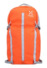 Oranger Rucksack aus strapazierfähigem Stoff, mit grauen Trägern, Logo und Seitentaschen. Schlichtes Design mit verstellbaren Schnallen.