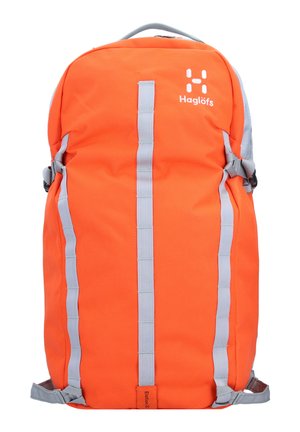Orange backpack made of durable fabric, featuring gray straps, logo, and side pockets. Simple design with adjustable buckles.